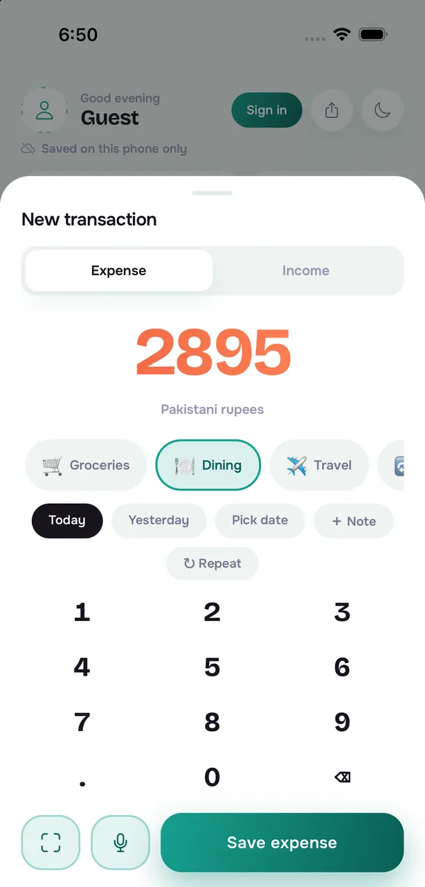 The new transaction sheet with the Expense tab selected, an amount of Rs 2,895, category chips, date chips, a keypad, and scan-receipt and voice buttons.