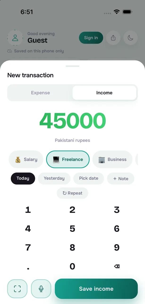 The same transaction sheet with the Income tab selected, showing income categories and a green amount.